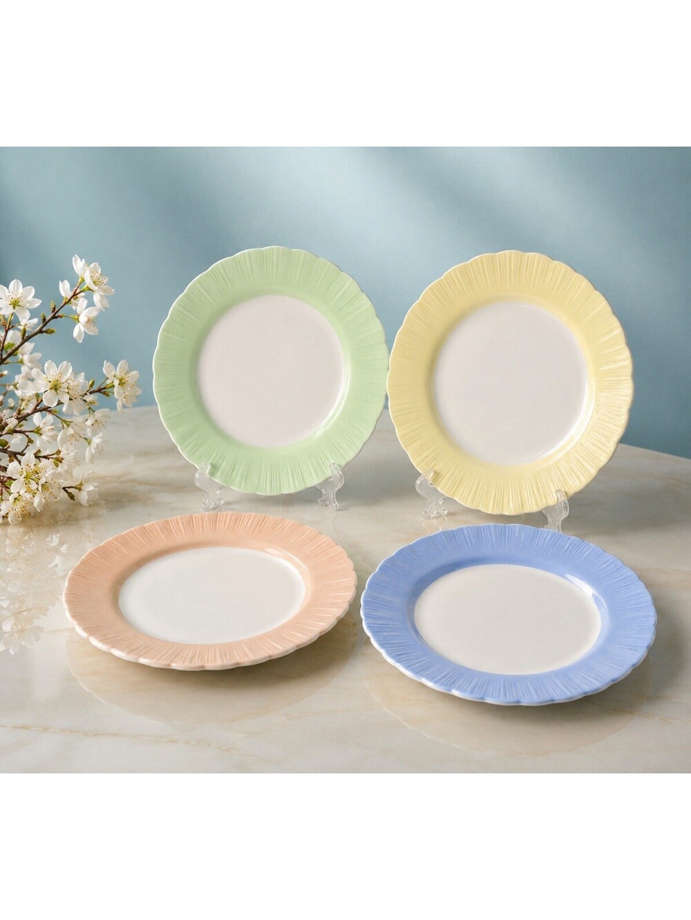 MacBeth-Evans 1940s 4 Luncheon Salad Plates Cremax Bordette Pastel Glass, 8"